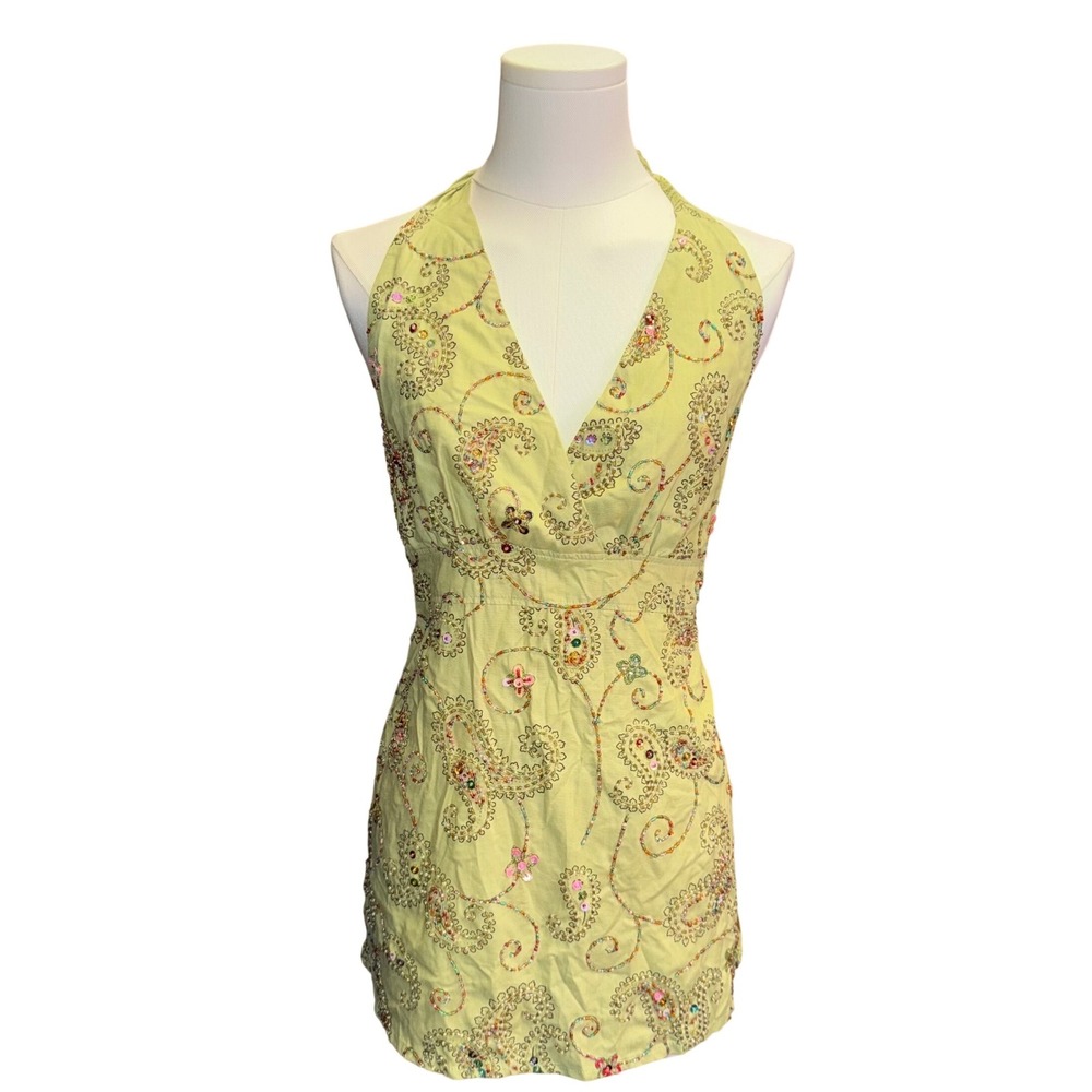 Vintage Y2K Lime Green Beaded Paisley Halter Top Sequin Boho Festival Fairycore
